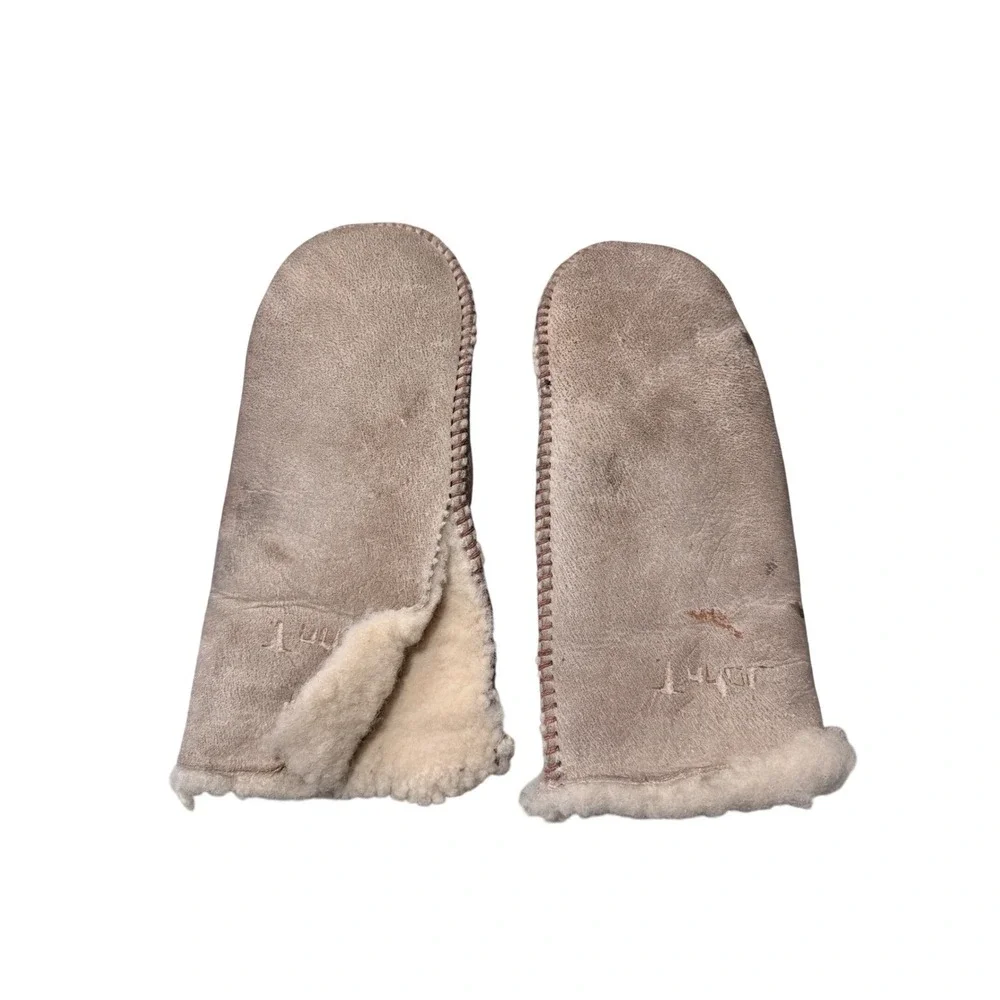 Shearling Mittens Tan Suede Sheepskin Lined Whipstitch Winter Gloves